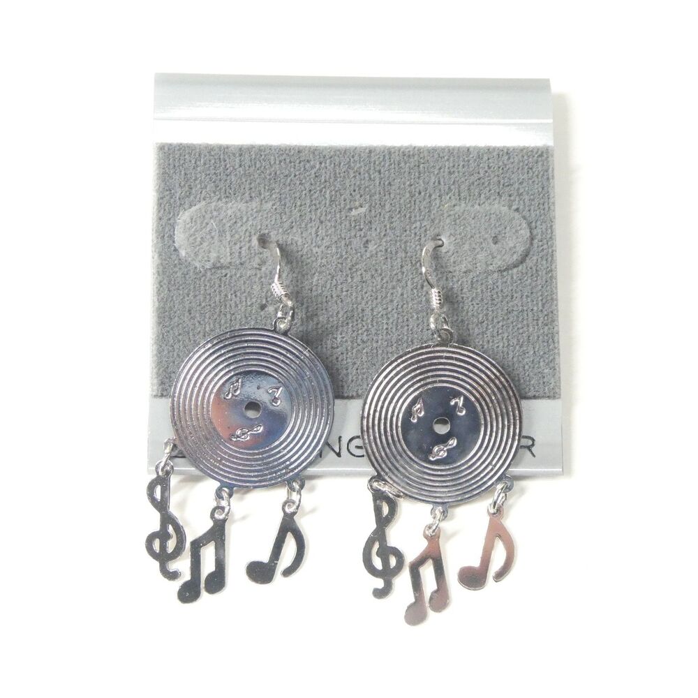 Vinyl Record Earrings 925 Sterling Silver Music Notes Dangle Vintage Rock & Roll